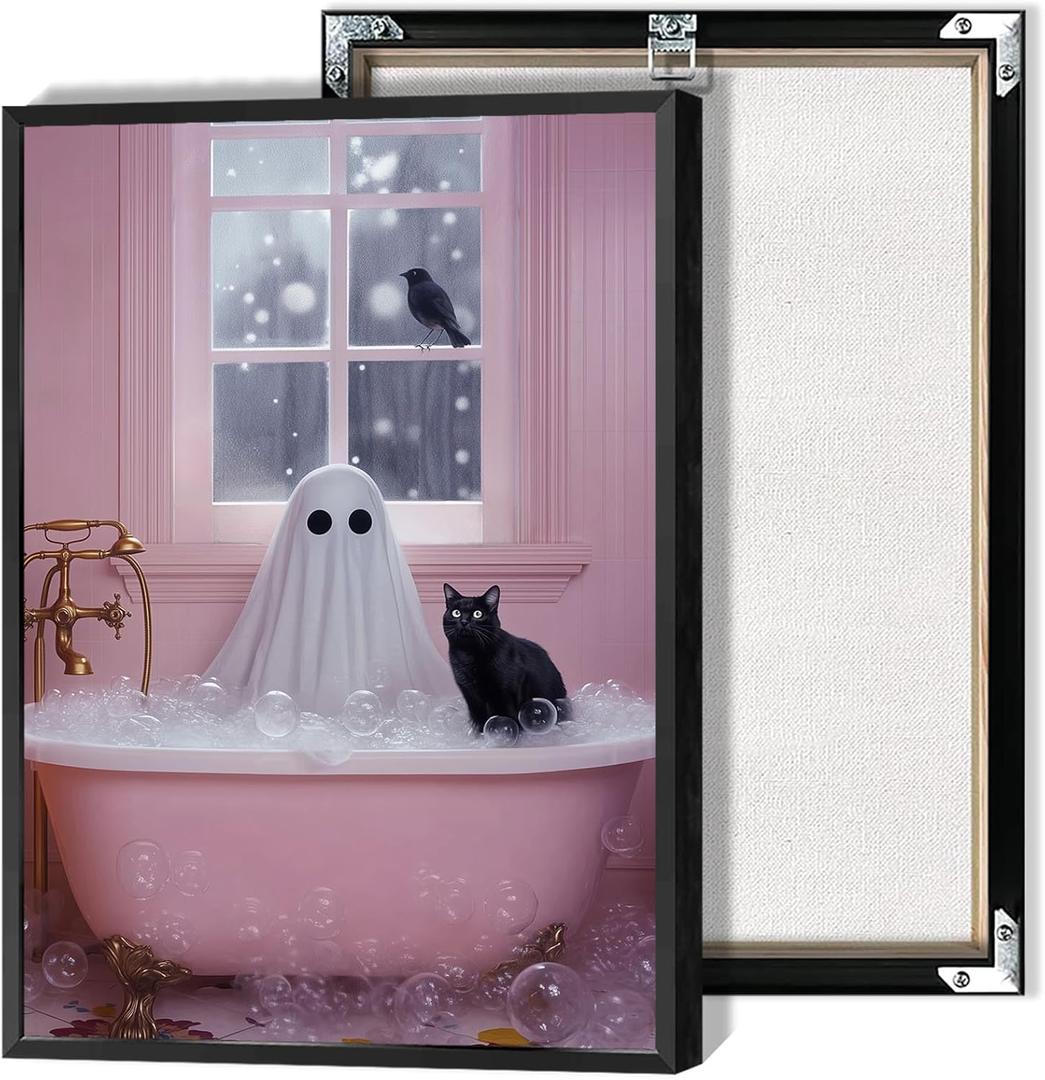 Halloween Pink Ghost Bubblebath Canvas Posters Bathroom Cute Ghost Black Cat Wall Art Goth Dark Academia Bubblebath Prints Painting For Living Room Bedroom Wall Decor 16x24in Unframed (16L" x 24W", Multi 14)