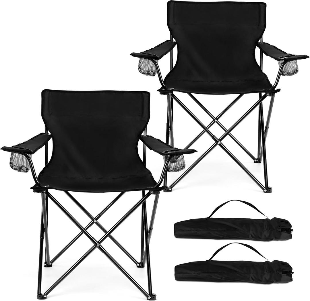 HaSteeL Foldable Camping Chair Set of 2, Folding Camp Chairs for Adults, Large Portable Lawn Chair for Outdoors Fishing, Hiking, Travel, Picnic, Beach, Supports 275lbs & Include Storage Bags (Black)