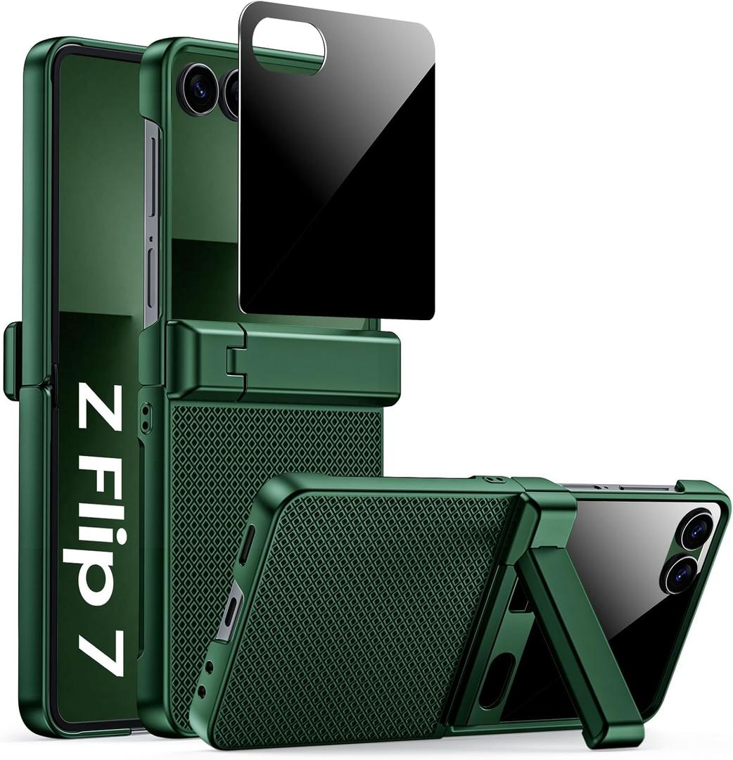 for Galaxy Z Flip 7 Case, Hidden Kickstand & Built-in Privacy Screen Protector & Enhanced Hinge Protection, Slim Full Body Shockproof Protective Phone Case for Samsung Z Flip 7 (Green)