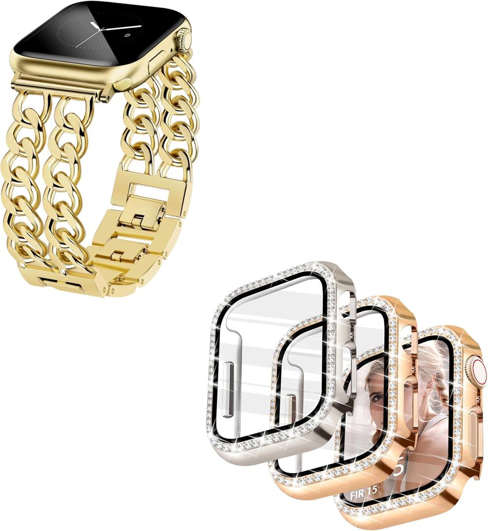 JR.DM Gold Watch Bands for Women Compatible with Apple Watch Band 38mm 40mm 41mm 42mm (S10) bundle 2 Pack Bling Case with HD Screen Protector 40mm