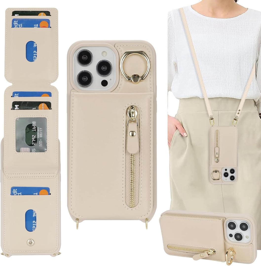 for iPhone 14 pro max Case with Card Holder for Women, for iPhone 14 pro max Phone Case Wallet with Strap Credit Card Slots Crossbody with Kickstand Zipper Case - Warm White