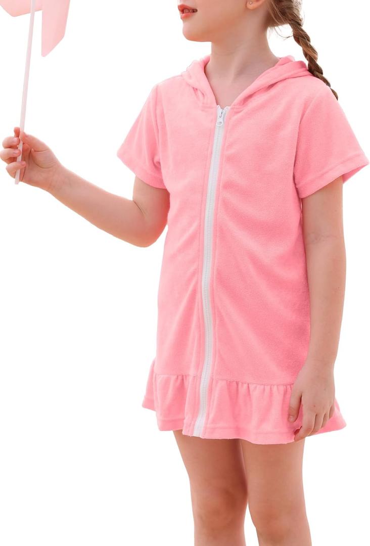 Swim Cover Up Girls Multicolor Short Sleeve Ruffle Bathing Suit Hooded Zip-Up Terry Swimsuit for Toddler Kids (6-7 Years, Pink)