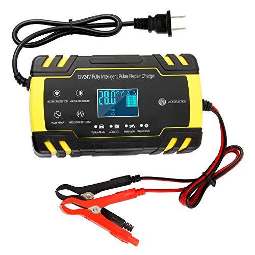 Automatic Smart Battery Charger Car 12V/24V | Pulse Repair Charger with LCD Display | Intelligent Mode Overvoltage Protection Temperature Monitoring for Car, Truck, Motorcycle, Boat, SUV, ATV