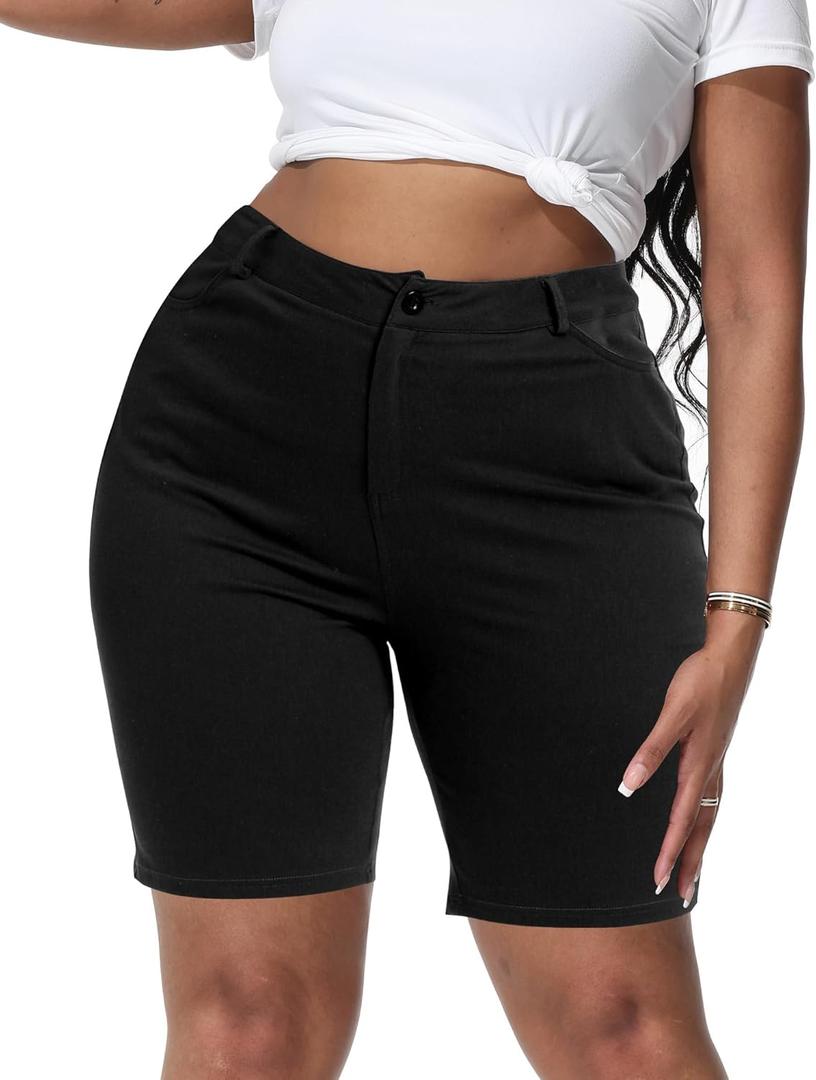 Womens Plus Size Bermuda Shorts Stretchy High Waisted Summer Casual Midi Shorts (Black, 16W)