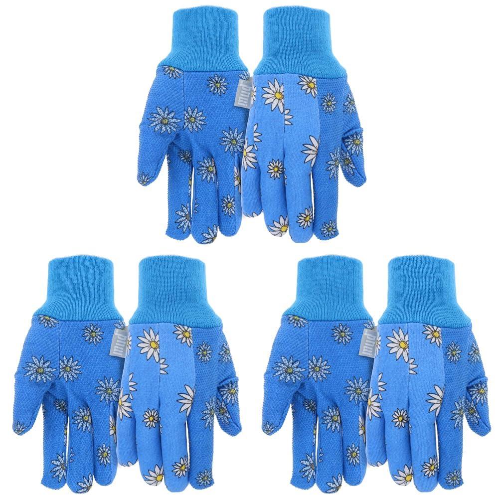 MUD Basic Women's PVC Dotted Palm And Daisy Printed Jersey Garden Glove, Extreme Comfort, Excellent Grip, Durable Wear, Blue, Medium/Large (M61001B-WML),MD61001B-WML (Pack of 1)
