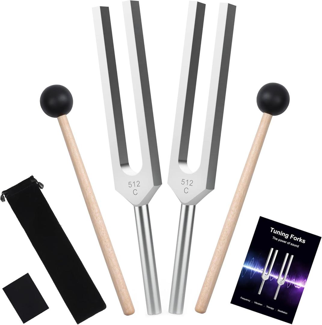 2 pcs 512Hz Tuning Forks Set, Aluminum Alloy, Includes Silicone Hammer and Storage Bag for Yoga,Meditation,Relaxation