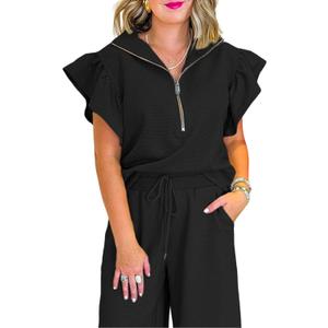 SELINK Two Piece Sets for Women Summer Outfits Ruffle Cap Sleeve Zip Top Wide Leg Pants Lounge Set Tracksuits (Small, Black)