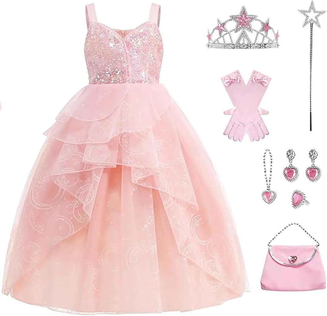 WYB Glinda Dress for Girls Pink Witch Costume for Girls Halloween Cosplay Outfits Party Dress with Accessories (13-14 years)