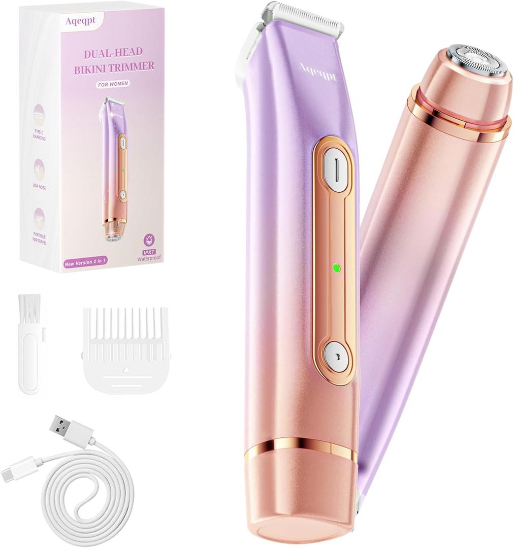 Bikini Trimmer for Women, Electric Razors with Dual Heads, Rechargeable Pubic Hair Trimmer with IPX7 Waterproof, Painless Pro Shaver for Underarm Leg Arm Body Face Private AreaDuskyRose