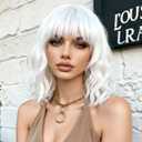 White Wigs with Bangs for Women,Shoulder Length Short Wavy Bob Wigs With Bangs Synthetic Bob Wig Curly Wig Heat Resistant Colorful Wavy Wig Cosplay Fun Wigs For Daily Party(12 Inch)