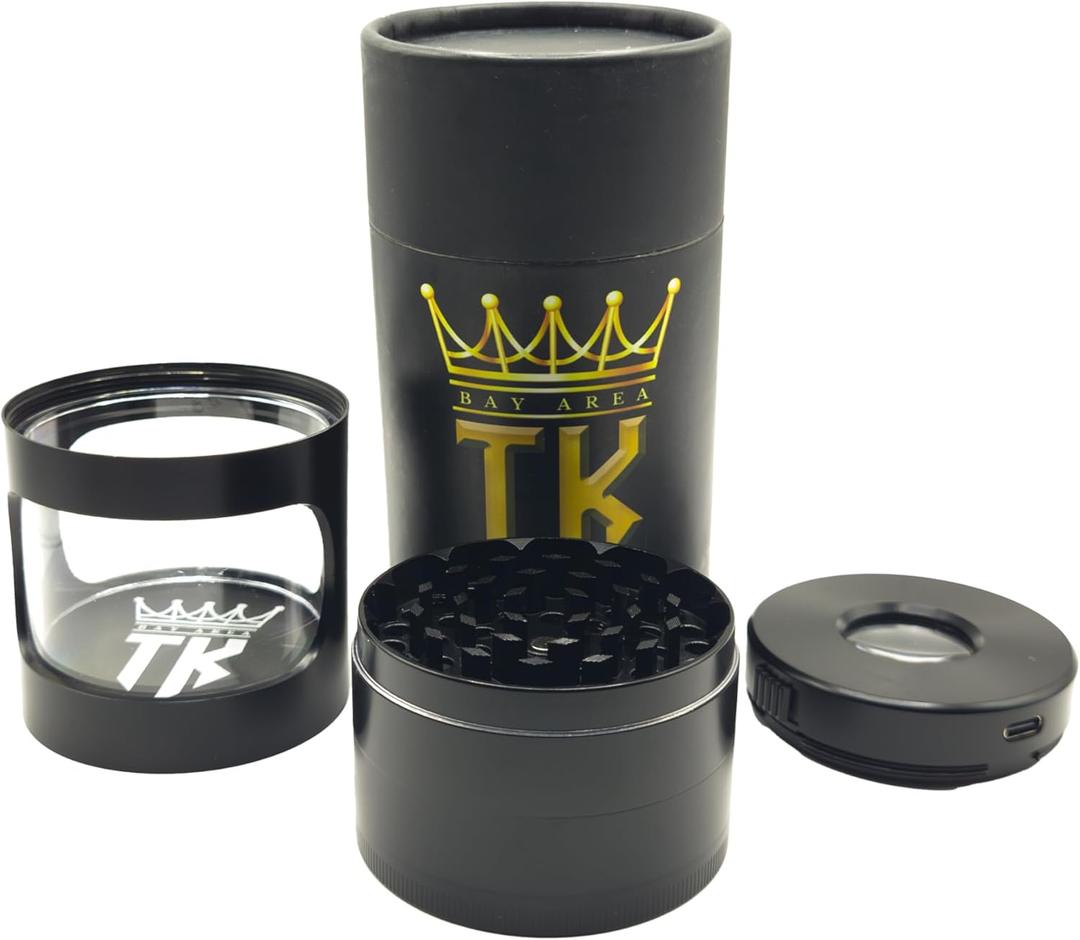 Premium Herb and Spice grinder with strong magnetic lid, LED lit 5X magnified collection container. USB-C port, product is made from aircraft-grade aluminum with matte coating finish
