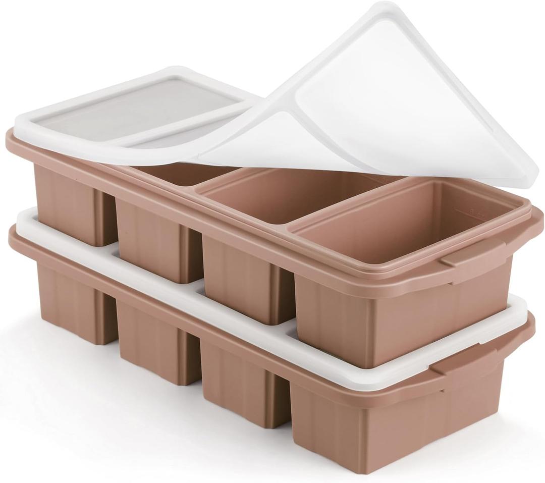 Ztomine Silicone Freezer Tray With Lid - Silicone Freezer Food Molds- Large Ice Cube Tray,Silicone Freezer Container,Freeze & Store Soup, Sauce, Broth,Leftovers - Makes 4 Perfect 1 Cup (2Pack-Brown)