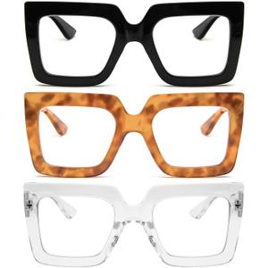 3 Pack Oversized Thick Frame Reading Glasses for Women,Stylish Square Large Readers Blocking Blue Light Glasses