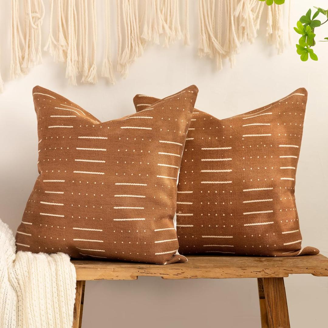 Set of 2 African Mudcloth Throw Pillow Covers,20x20 Inch Coarse Woven Boho Ethnic Print Modern Accent Pillow for Bed,Square Neutral Vintage Pillow Case Sham for Couch Bedroom Decorative(Rust)