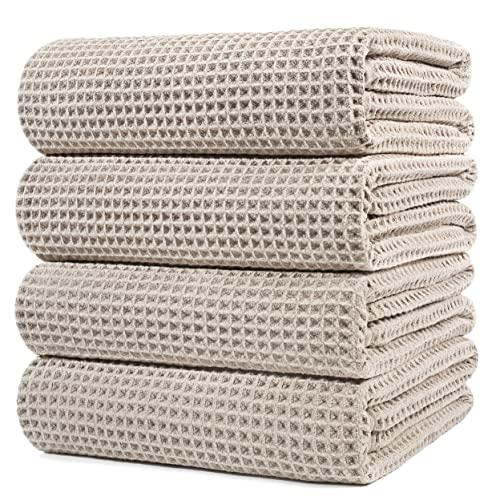 POLYTE 430 GSM Microfiber Oversize Quick Dry Lint Free Bath Towel, 60 x 30 in, 4 Pack (Waffle Weave)