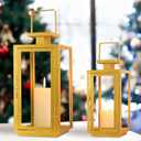 DECORKEY Christmas Lanterns Decorative Outdoor&Indoor, 17''&13'' Metal Golden Lanterns Decorations for Home, Modern Hanging/Tabletop Candle Holders for Front Door Porch Patio Decor (Golden *2 (Large+medium))