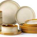 LeRatio Ceramic Dinnerware Sets for 4,Round Reactive Glaze Ceramic Plates and Bowls Set,Highly Chip and Crack Resistant | Dishwasher & Microwave Safe Dishes Set,Service for 4 (12pc)-Kahki (Reactive-Kahki)