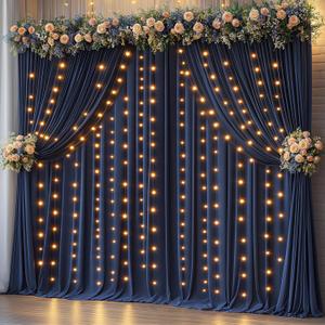 10 x 10ft Navy Blue Backdrop Curtains with Lights String for Wedding Polyester Photo Backdrop Drapes Wrinkle Free White Curtains Backdrop for Birthday Parties Reception Baby Shower Ceremony, 2 Panels