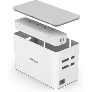 TESSAN Power Strip with Cable Management Box, 5 ft Flat Plug Extension Cord, 4 Outlets 2 USB Ports with Overload Switch, Mountable White Power Cord Organizer Charging Station for Dorm, Office, Home
