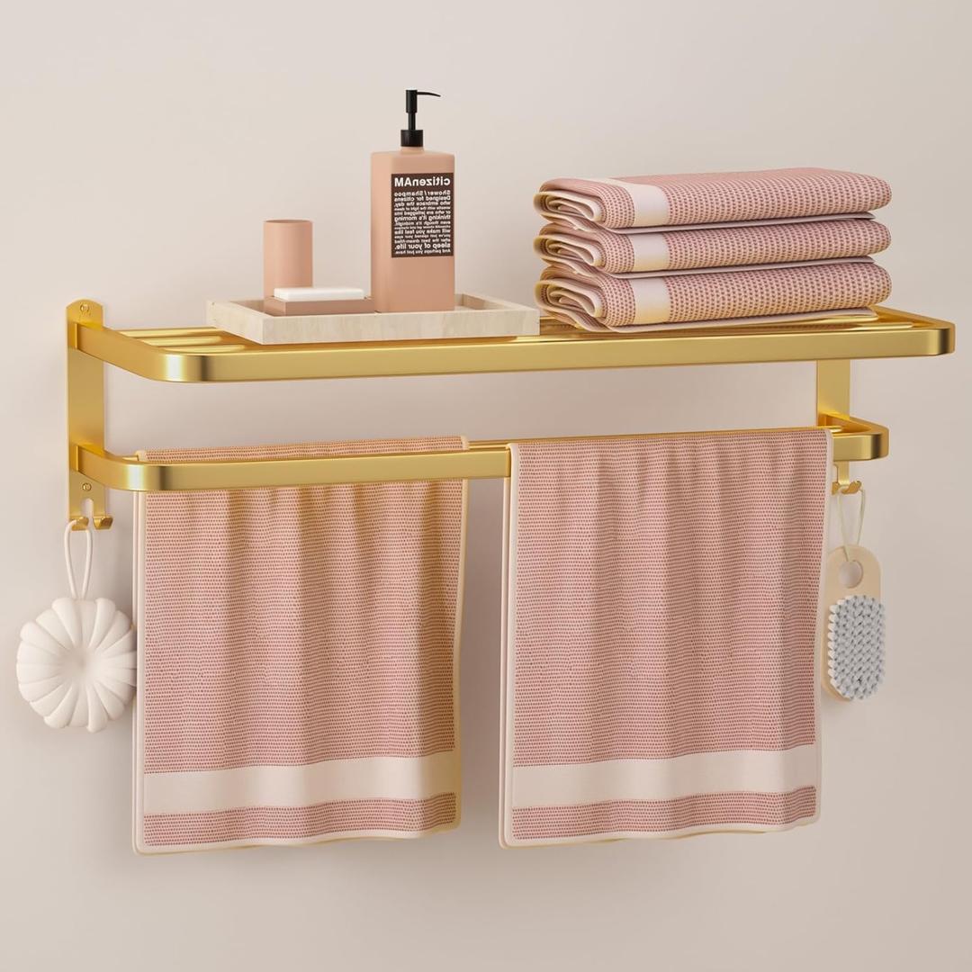 DDS-DUDES 23 Inch Gold Bathroom Towel Rack Towel Shelf with Double Towel Bars Lavatory Wall Mount Holder with Hooks Golden Stainless Steel Hotel Bath Rack