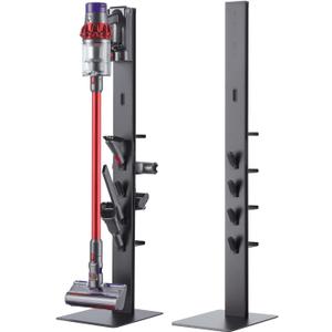 Vacuum Cleaner Stand, Compatible with Dyson Gen5 V15 V12 V11 V10 V8 V7 V6, Floor Cordless Vacuums Attachment Holder with 4 Hooks and 4 Shelves, Metal Storage Bracket Organizer, Black (with Hook and Shelf)