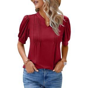 Blooming Jelly Womens Dressy Casual Tops Puff Sleeve Work Blouses Pleated V Neck T Shirts Size L