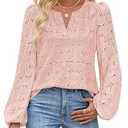MEROKEETY Women's Eyelet Long Sleeve Tops Dressy Casual V Neck Shirts Fall Trendy Crochet Lace Blouse, Pink, S