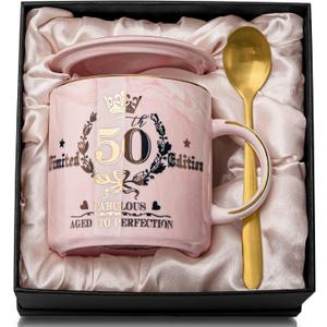 50th Birthday Gifts for Women Her, Fabulous 50 Aged to Perfection, 14oz Gold Pattern Coffee Mug, Cool Gifts Idea for Turning 50 Year old Mom, Wife, Daughter, Sister, Friends, Aunt, Nice Gift Boxed