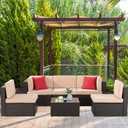 Shintenchi 6 Pieces Patio Furniture Sets Outdoor All-Weather Sectional Patio Sofa Set PE Rattan Manual Weaving Wicker Patio Conversation Set with Glass Table&Ottoman Cushion and Red Pillows, Beige