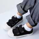 Toddler Low Top Canvas Sneakers Adjustable Straps Boys and Girls Slip on Shoes (Black)