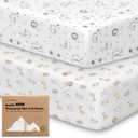 2 Pack and Play Sheets, Waterproof Mini Crib Sheets Fitted - 38x26 Organic Cotton Pack N Play Sheets for Graco Pack and Play Mattress, Playard Baby Crib Sheets,Neutral for Boy,Girl,Toddler(KeaSafari)