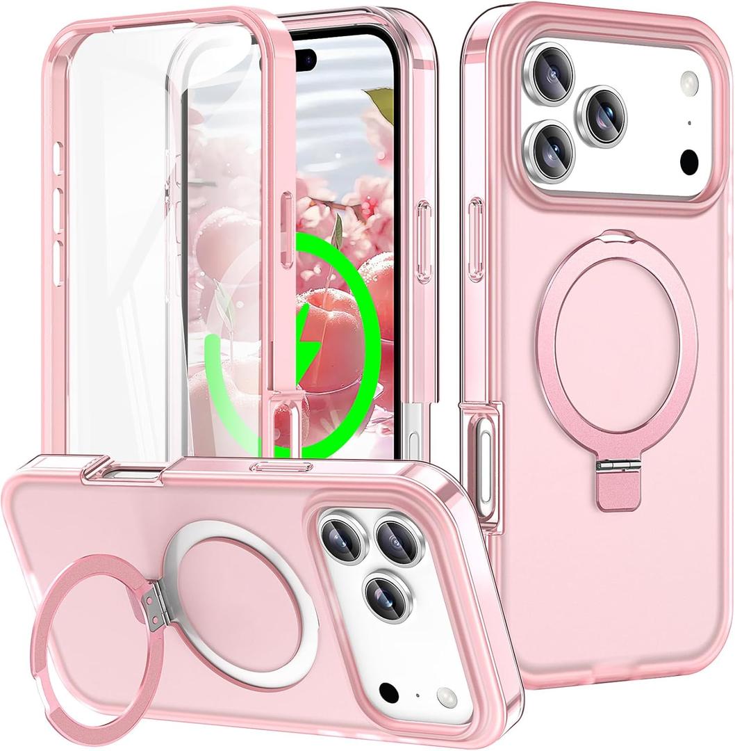 for iPhone 17 Pro Full Body Shockproof Case with Magnetic Invisible Stand [Compatible with MagSafe] Built-in Screen Protector Military Drop ProtectionTranslucent iPhone Cover -Pink