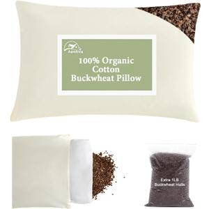 20"X26" Large Organic Buckwheat Pillow with Dual-Layer Pillowcase and Extra Buckwheat Hulls, Adjust Height and Firmness, Neck Support Pillow for Back and Side Sleepers (Off-white)