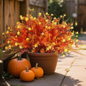 Artificial Fall Flowers for Outdoors,36 pcs Faux Outdoors Plants Realistic Artificial Autumn flower UV Resistant for outside Look Real Fake Plants for Thanksgiving Porch Decor Window box planters (Fall Red  Yellowwith Fall Ferns)