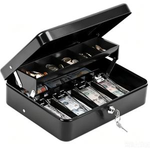 KYODOLED Cash Box with Key Lock, Metal Cash Drawer with Auto-Pop Coin Tray & Hidden Storage, Portable Money Box with Windproof Bill Clips for Small Business Yard Sales, 11.8x9.45x3.54 Inch, Black