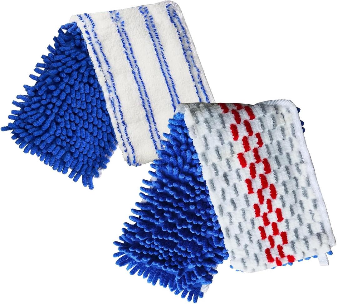 2 Pack Flip Mop Refills Compatible with O Cedar Mop, Flat Dust Mop Head Replacement for Dry & Wet Use, Chenille + Microfiber Mop Cover Pad for Deeper Cleaning, Double Sided Use for Hardwood Floor (White Blue/Red Blue - 2 Combinations With Different Appearance Functions)
