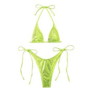 Swimsuit Triangle Tops High Cut Tie Side Thong Bikini Set Lime Green Small 2 Pcs