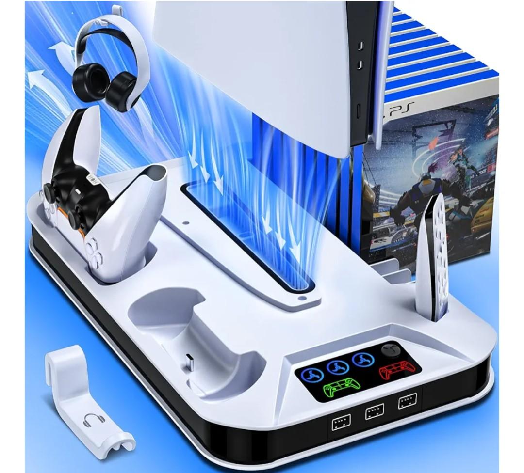 PS5/Slim/Pro Cooling Station with Controller Charging Station for Sony Console Playstation 5 Slim&Standard Disc/Digital Console, PS5 Pro Stand Cooler Accessories Incl Cooling Fan/3 USB Hubs