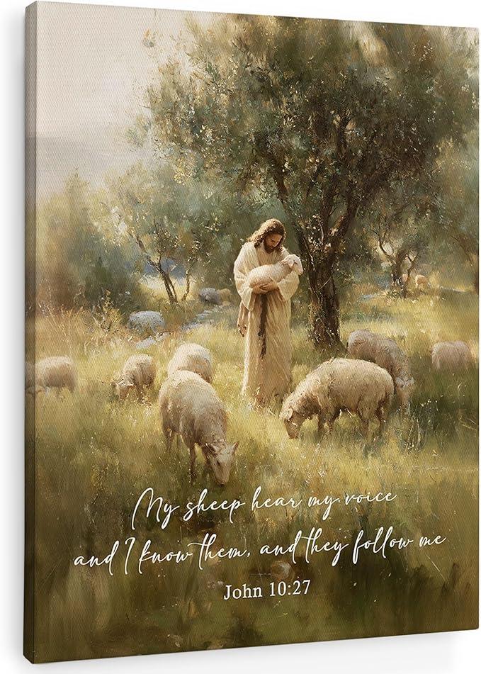 SHQIEUDH Christian Jesus and Lamb Wall Art Decor 11x14, Bible Verse John 10:27 Framed Canvas Prints Artwork, Jesus The 99 Sheep Religion Canvas Wall Decorations Pictures for Living Room Church Home
