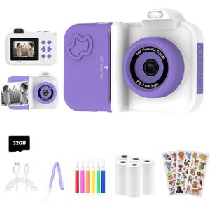 Kids Camera Instant Print, Christmas Birthday Gifts Toys for Girls Boys Age 4 5 6 7 8 9 10 11 12 Years Old, 1080P HD Dual-Lens Selfie Digital Camera with 5 Rolls Print Paper Stickers Pens & 32G Card