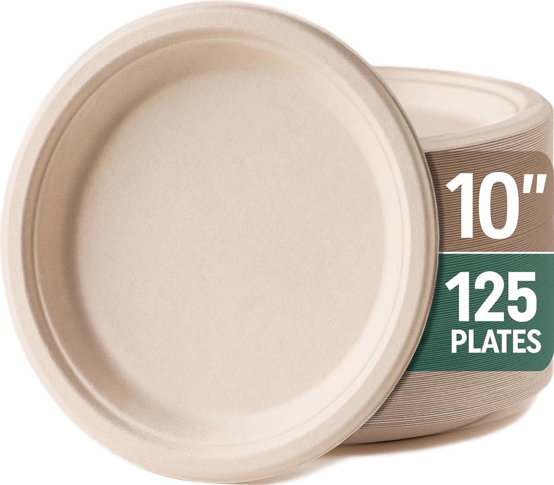 Disposable Plates, Sturdy and Durable Compostable Paper Plates - Heavy Duty, Eco-Friendly, Biodegradable, Unbleached, Sugarcane Bagasse Dinner Plate, 125-Pack 10 Inch