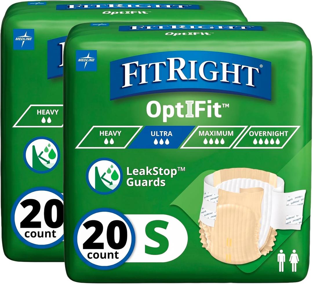 FitRight Adult Diapers, Ultra Heavy Absorbency, S (Waist Size 20in-32in), 20 Count, OptiFit Incontinence Briefs for Men and Women, Disposable, Moisture-Wicking, Leak Protection, (Pack of 2)