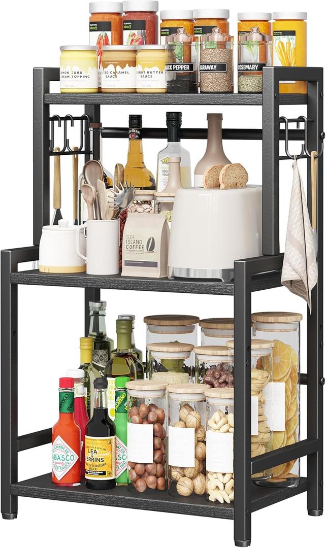 Kitchen Countertop Organizer, 3 Tier Large Spice Rack Organizer with Adjustable Shelf and 5 Hooks, Wooden Counter Organizer, Space Saving Countertop Shelf Microwave Stand for Kitchen,Coffee Bar,Black (Small)