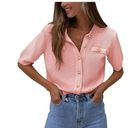 Women's Summer Button Down Shirts Casual Short Sleeve Crew Neck Ribbed Knit Blouse Top Cardigans, Size Large, Pink