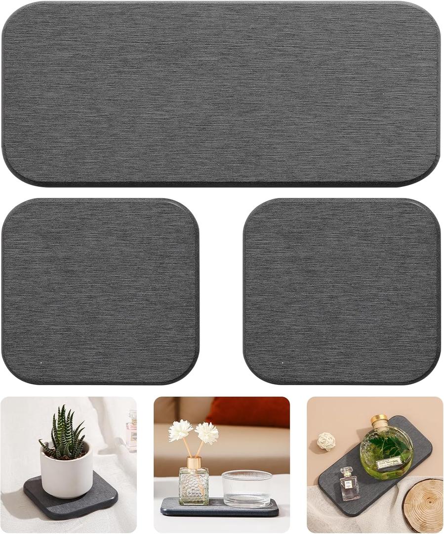 3PCS Water Absorbing Diatomaceous Earth Tray for Sink, Fast Drying Soap & Toothbrush Holders for Bathroom Counter, 1 Stone Tray, 2 Stone Coasters (Dark Gray-no Pattern)