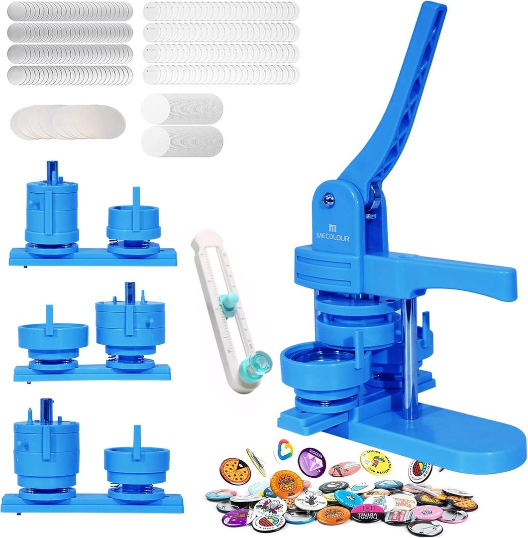 MECOLOUR Button Maker Machine Multiple Sizes 1.26+1.73+2.28 inch Pin Maker Machine,150pcs Button Badge Making Supplies,Button Press Machine for DIY Personalized Pinback Buttons Children DIY Gift(Blue)