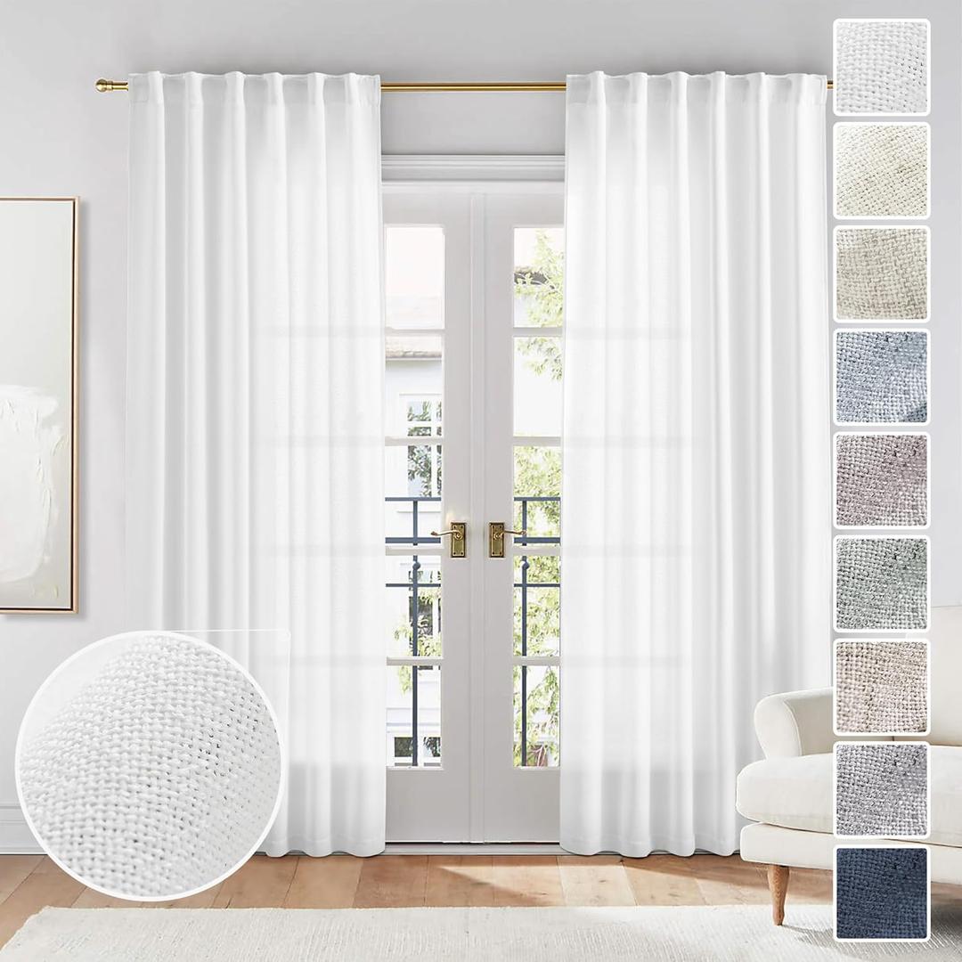 White Linen Curtains 84 Inches Long for Living Room 2 Panels Set Linen Textured Back Tab Pocket Light Filtering Semi Sheer Neutral Boho Curtain Drapes for Bedroom, 7 FT