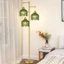 QIYIZM Gold Floor Lamp for Living Room,Bedroom,Mid Century Modern Standing Lamp Brass Tree 3 Light Tall Floor Lamps Vintage Retro Floor Lights Glass Green Flower Lamp Shade Farmhouse Boho Bohemian