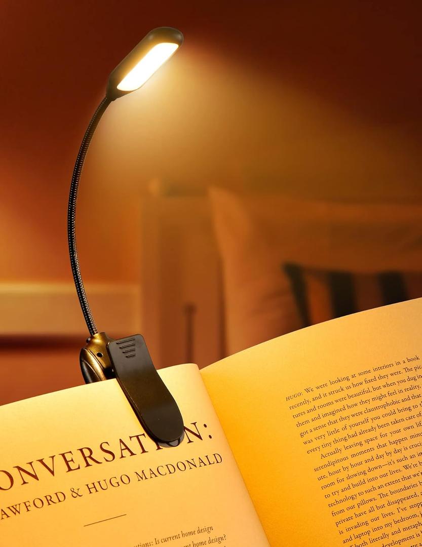 Monotremp Book Lights for Reading at Night in Bed, 80 Hours Runtime Rechargeable Reading Lights for Books in Bed, 3 Brightness Levels  3 Color Temperatures, 1.3 oz Lightweight (Black)