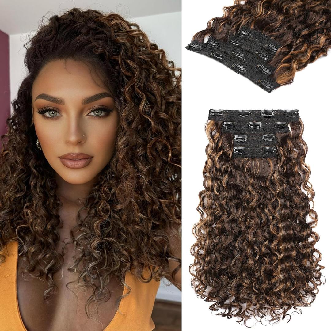 REECHO Curly Hair Extensions - 4PCS 14" GoGo Curly Clip in Hair Extensions 100% Super Protein Hairpieces with Invisible Lace Weft Silky Soft Natural Look - Chocolate Brown with Golden Highlights